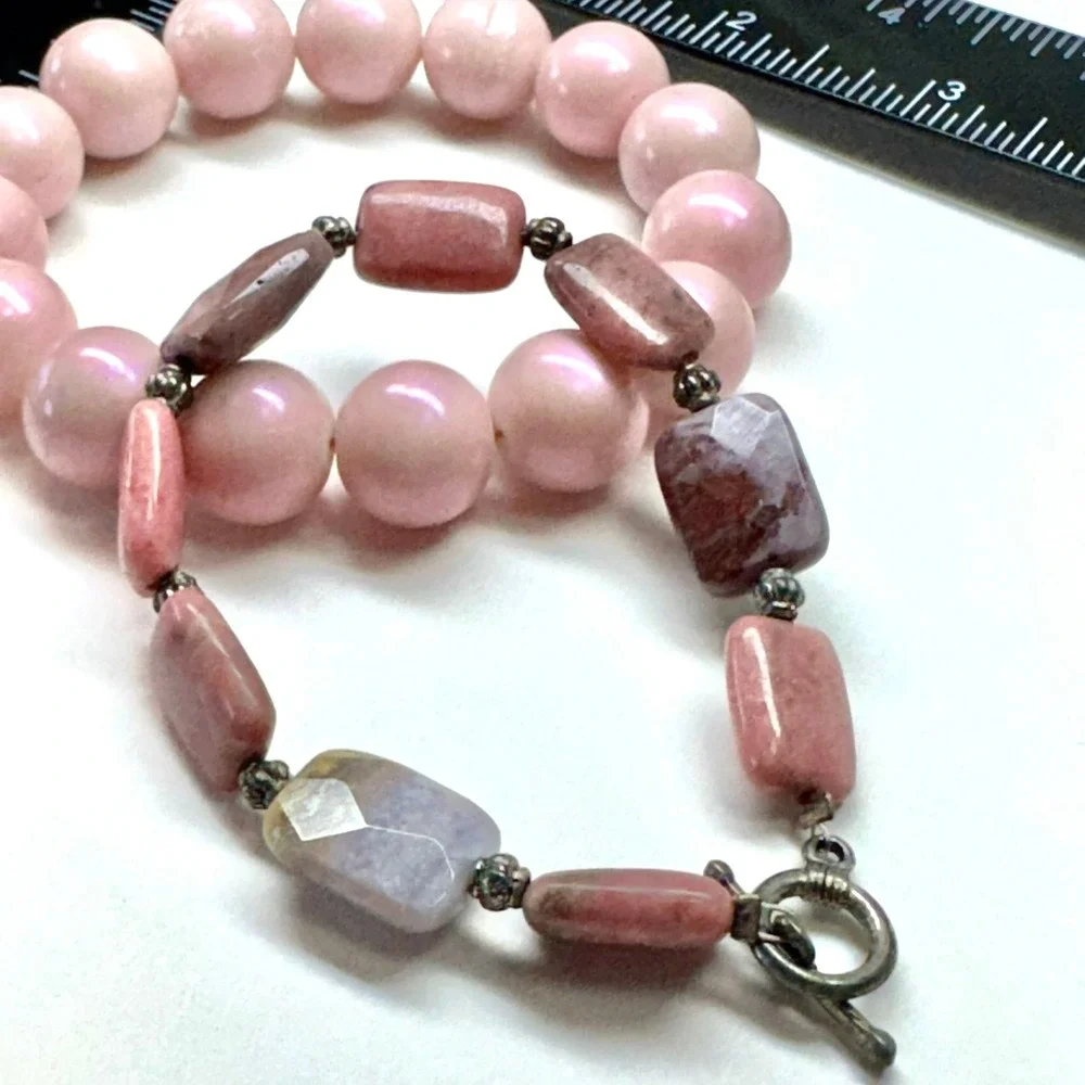 Chunky Pink Round Beads Mixed Gemstone‎ Style Toggle Bracelet Set of Two